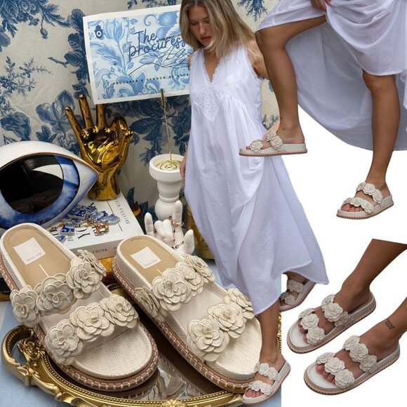🆕 DOLCE VITA 🧿 NWOB Sherla White Raffia Floral Applique Slide Sandals, Sz 7